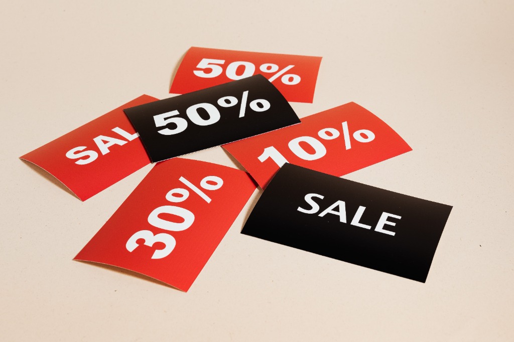 Retail and e-commerce discount sale price tags (50%, 30%, 10% sale)